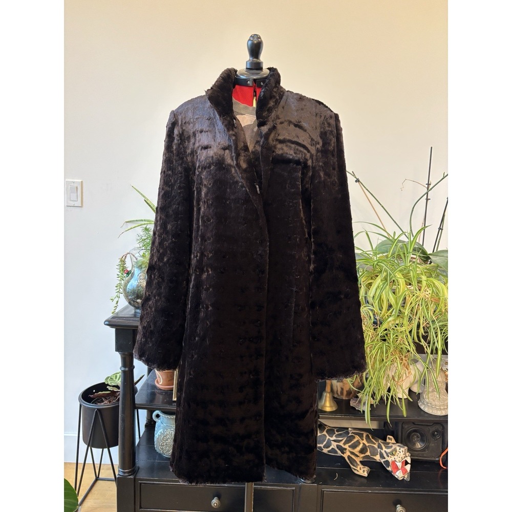 NWOT Melanie Lynn Faux fur mink long coat Brown Rayon Cotton Large Metal Clasps